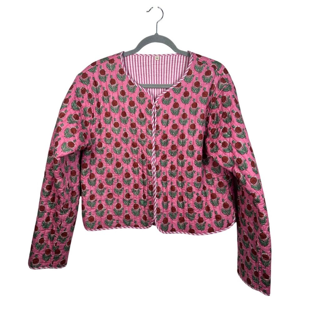 Kantha Revisable Cotton‎ Quilted Jacket Size Xl Cropped Pink Cottage Core Boho